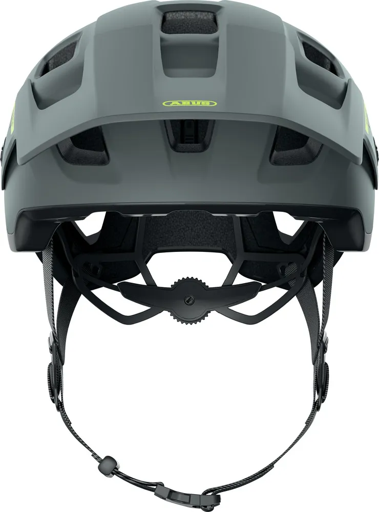 Vista frontal de casco de ciclismo gris Abus MoDrop Mips