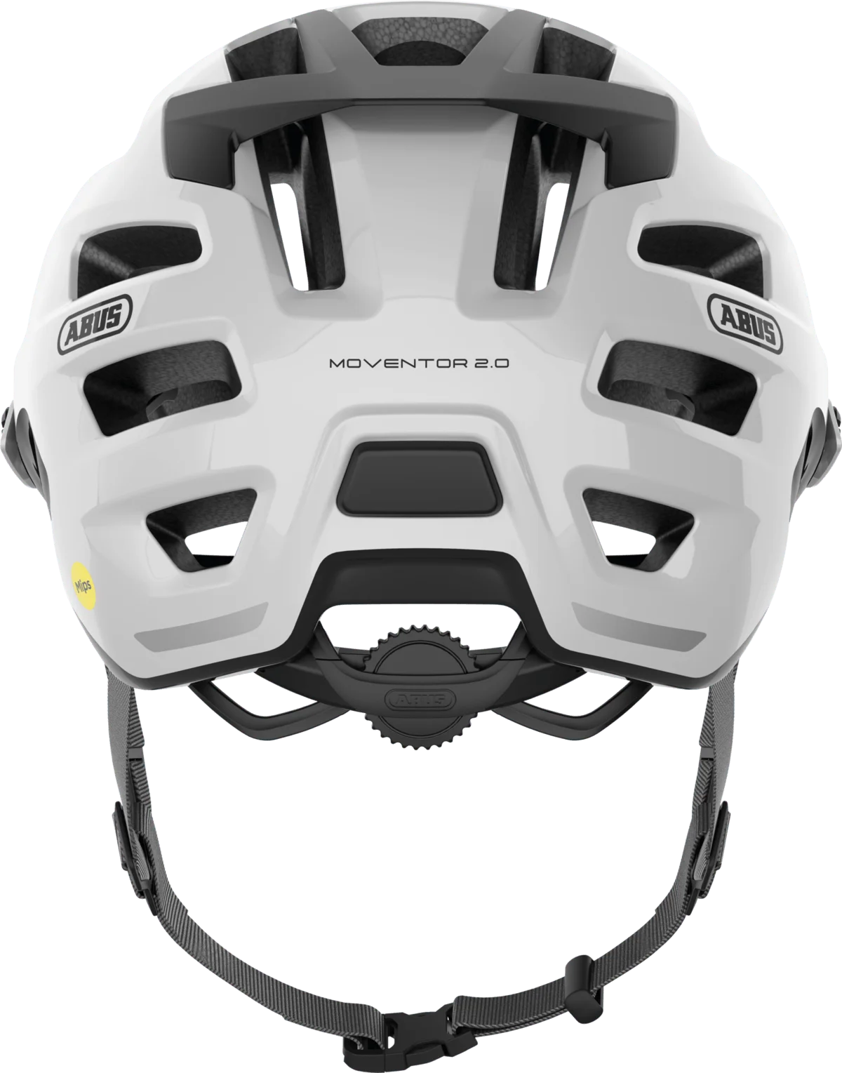 Vista posterior de casco de ciclismo blanco Abus Moventor 2.0 Mips