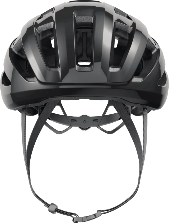 Vista frontal de casco de ciclismo negro brillante Abus Powerdome Mips