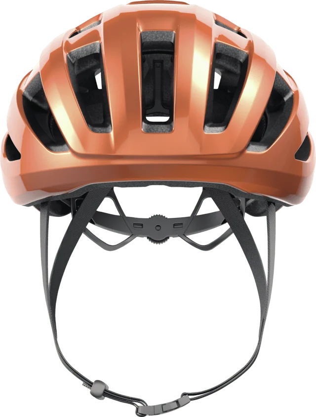 Vista frontal de casco de ciclismo naranja Abus Powerdome