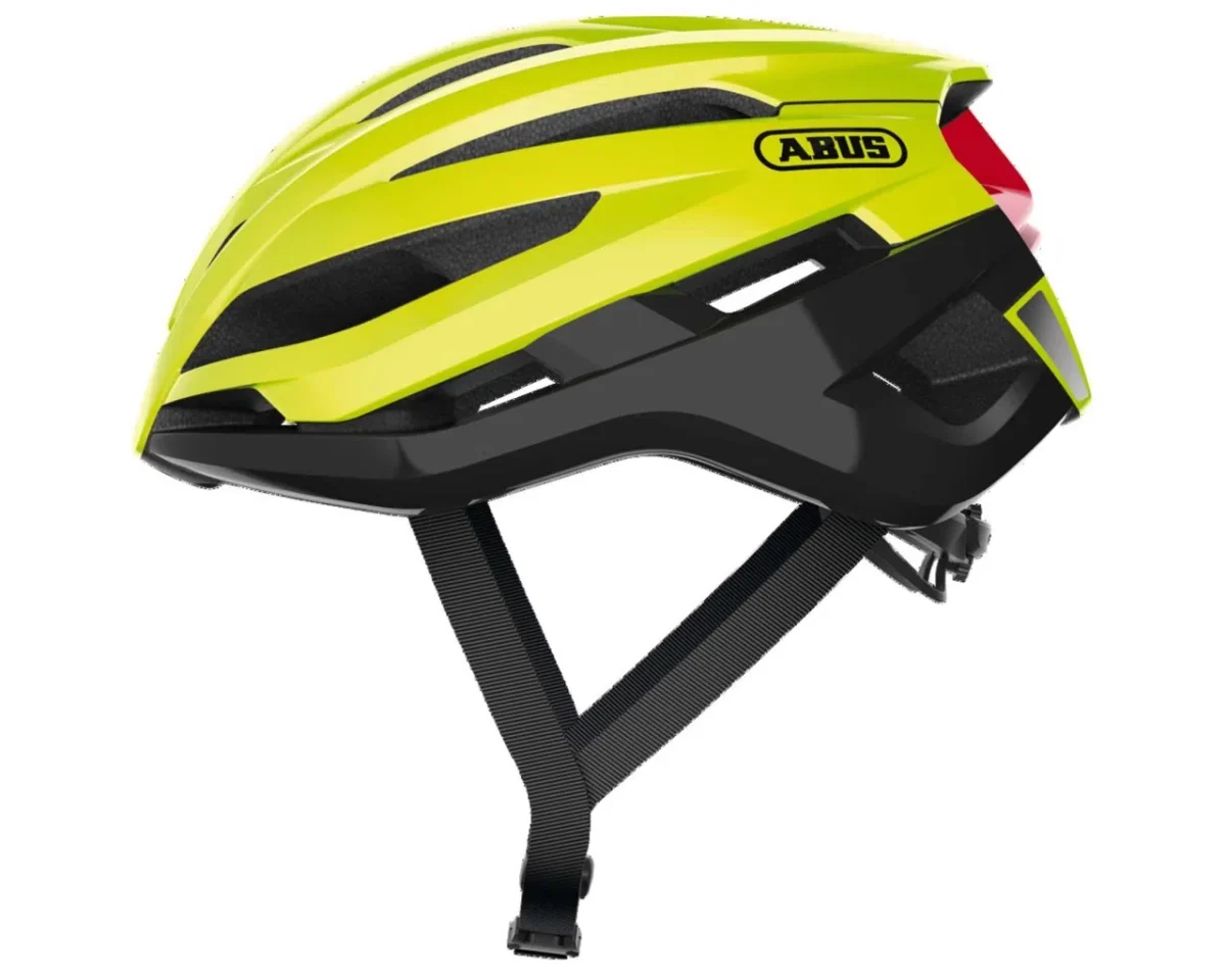 Vista lateral de casco de ciclismo amarillo neon Abus StormChaser