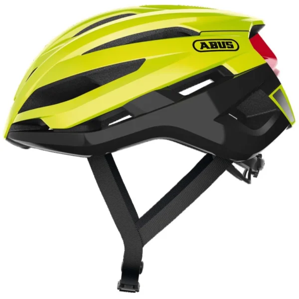 Vista lateral de casco de ciclismo amarillo neon Abus StormChaser