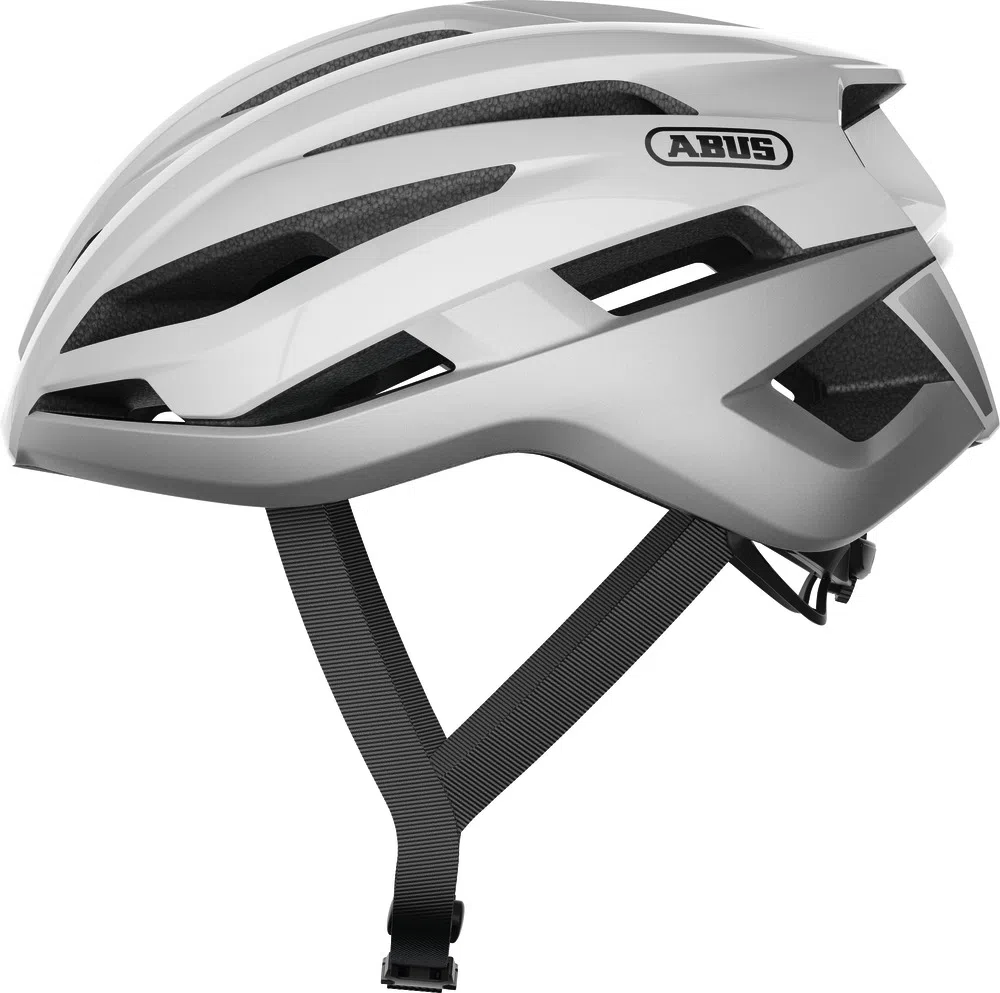 Vista lateral de casco de ciclismo blanco plateado Abus StormChaser